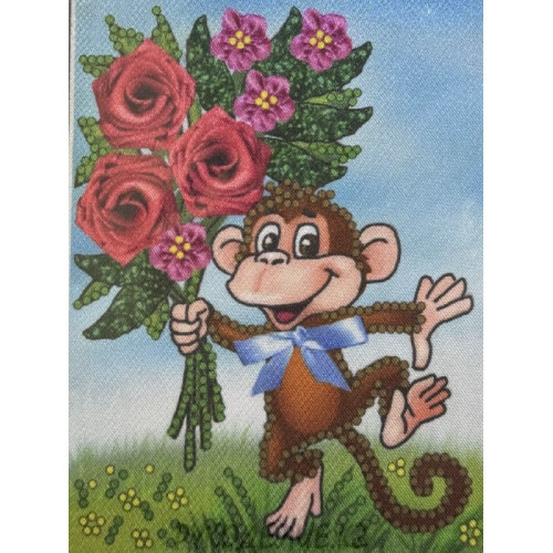 Рисунок на шелке для вышивания бисером, лентами и пайетками Мартышка с букетом 10*13см Искусница
