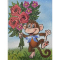 Рисунок на шелке для вышивания бисером, лентами и пайетками Мартышка с букетом 10*13см Искусница Цветной