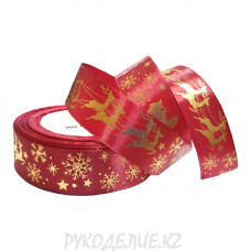 Лента новогодняя атласная "Олени в упряжке" 25мм Лента новогодняя атласная "Олени в упряжке" 25мм